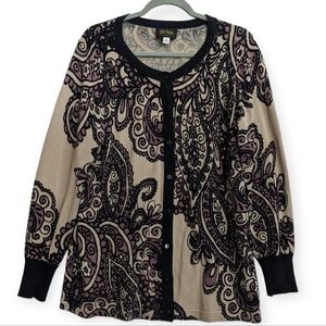 Bob Mackie Wearable Art Button Up Cardigan Sweater Black Tan Paisley size Medium